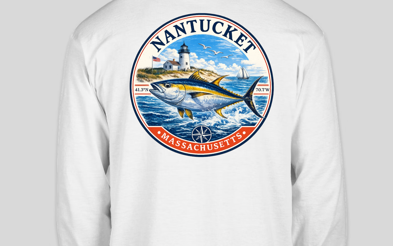 White long-sleeve shirt with Nantucket design on a custom design platform